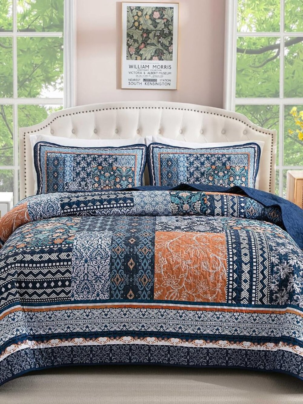 Navy Blue Quilt Set King, 3 Pcs Boho Patchwork Bedspread Set